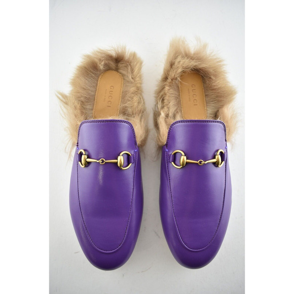 Gucci Princetown Purple Leather Beige Nude Fur Loafer Slide Mule Slipper Flat 37 - Picture 8 of 10